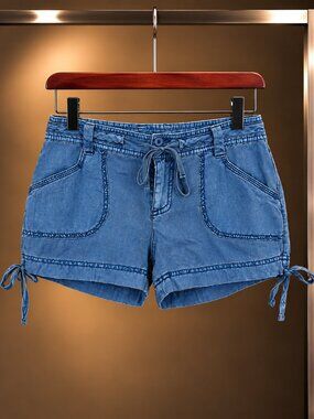 marrakech 100% Linen Tie Waist Shorts Side Tie Hem Flap Pockets Blue Size 25